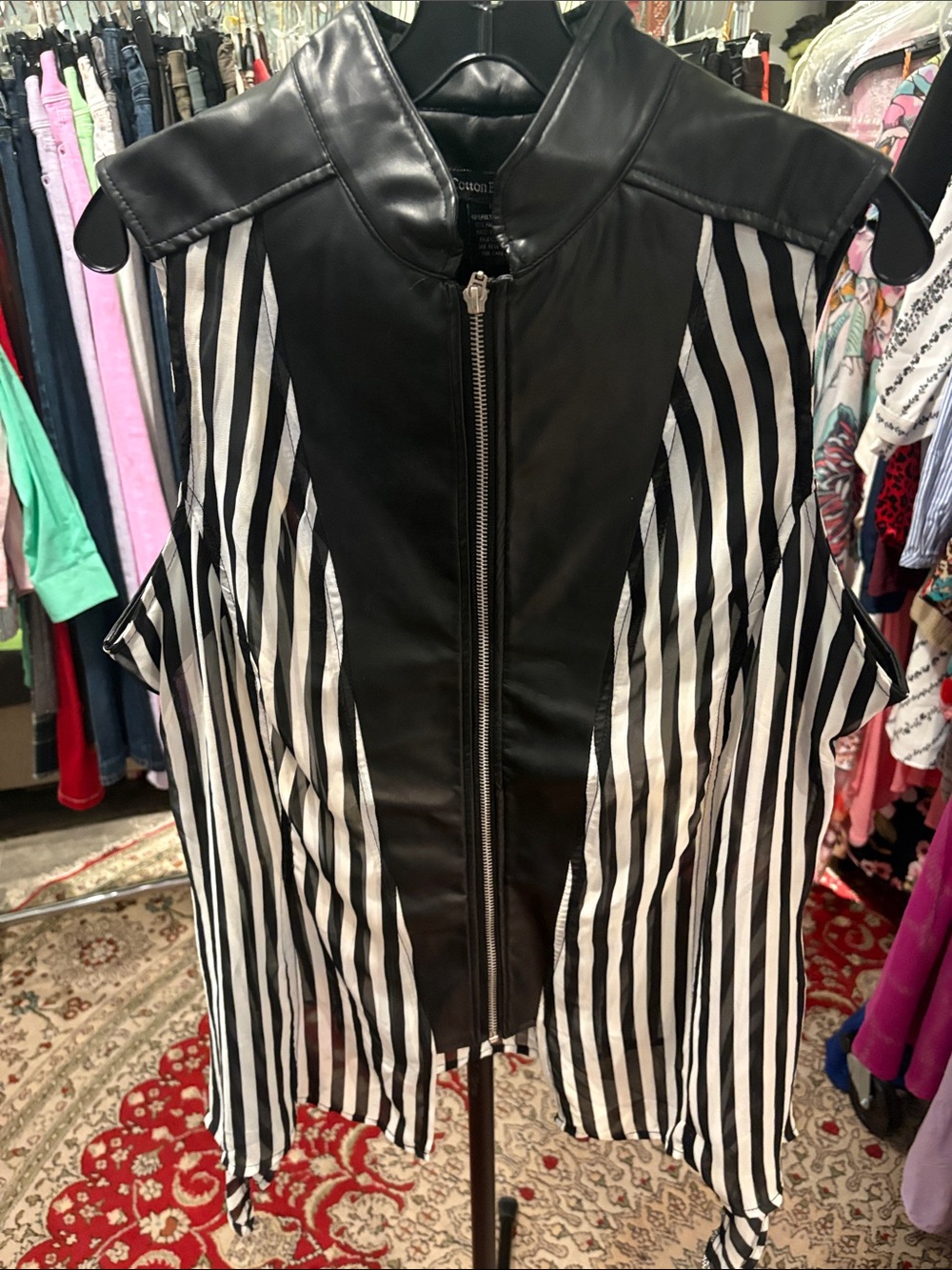 Cotton Express Black and White Striped Sleeveless Moto Vest